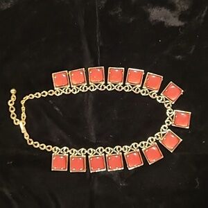 Vintage Red Thermoset Gold Tone Square Chocker Necklace